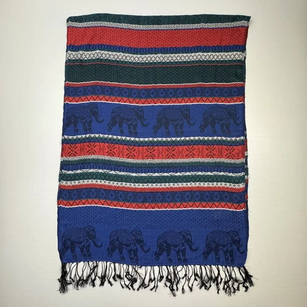 Jerusalem 100% Cashmere Elephant Scarf Blue Red Green Boho Fringe Wrap Shawl
